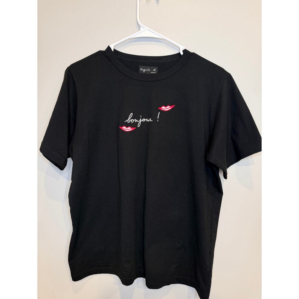 Agnes b Paris Medium Black Short Sleeve Bonjour Lip T-Shirt
